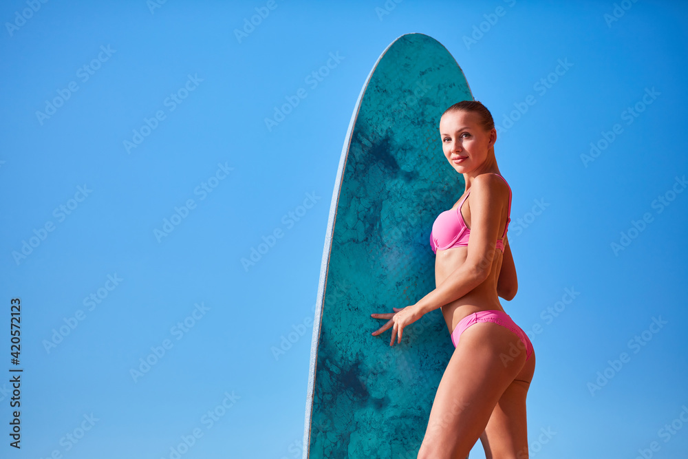 Pretty Woman Posing With Surfboard O Blue Sky Background Summer Holidays Concept Cute Girl 7195