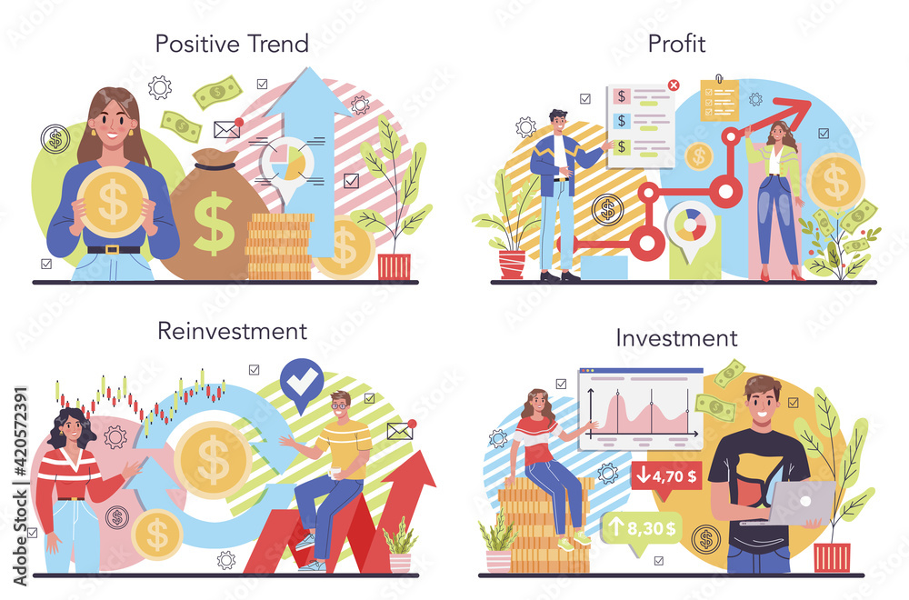 Obraz premium Receiving profit concept set. Idea of business success and financial growth