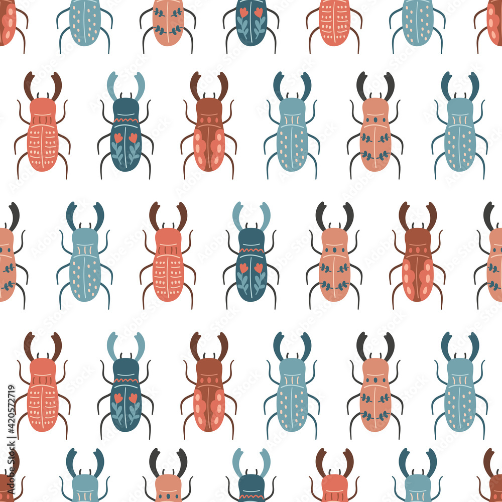 Vector seamless pattern with stylized stag beetles in folk style. Hand drawn insects on white background. Doodle illustration.