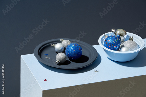 Beautiful still life with round blue christmas decorations.