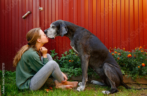 Dog licking face of woman in yard photo