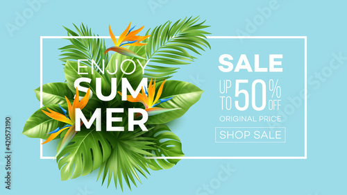 Summer tropical background with Strelitzia flowers and tropical leaves. The inscription Summer Sale on a background of tropical green leaves. Summer Sale concept. Vector illustration