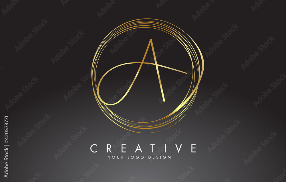 Handwritten A Golden Letters Logo with a minimalist design. A Icon with Circular Golden Circles. Handwritten A Golden Letters Logo with a minimalist design. A Icon with Circular Golden Circles.