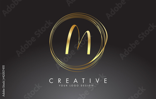Handwritten M Golden Letters Logo with a minimalist design. M Icon with Circular Golden Circles.