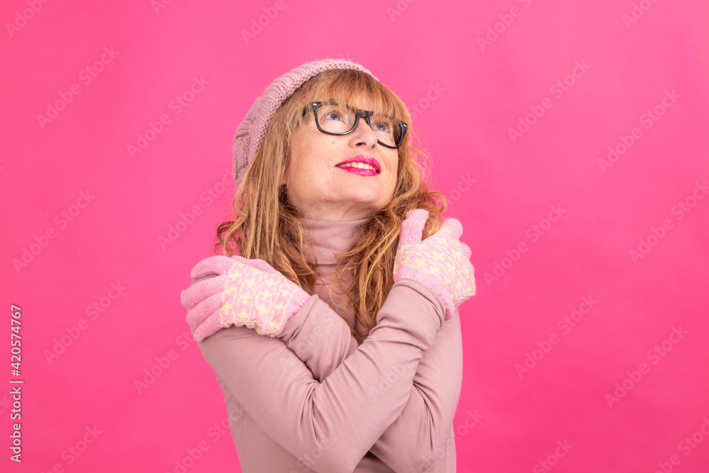 isolated adult woman wearing winter clothes