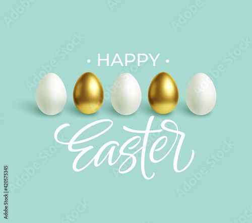 Happy Easter festive blue background with gold and white Easter eggs. Vector illustration