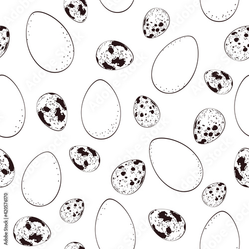 Chicken eggs and Quail eggs. Vector seamless pattern