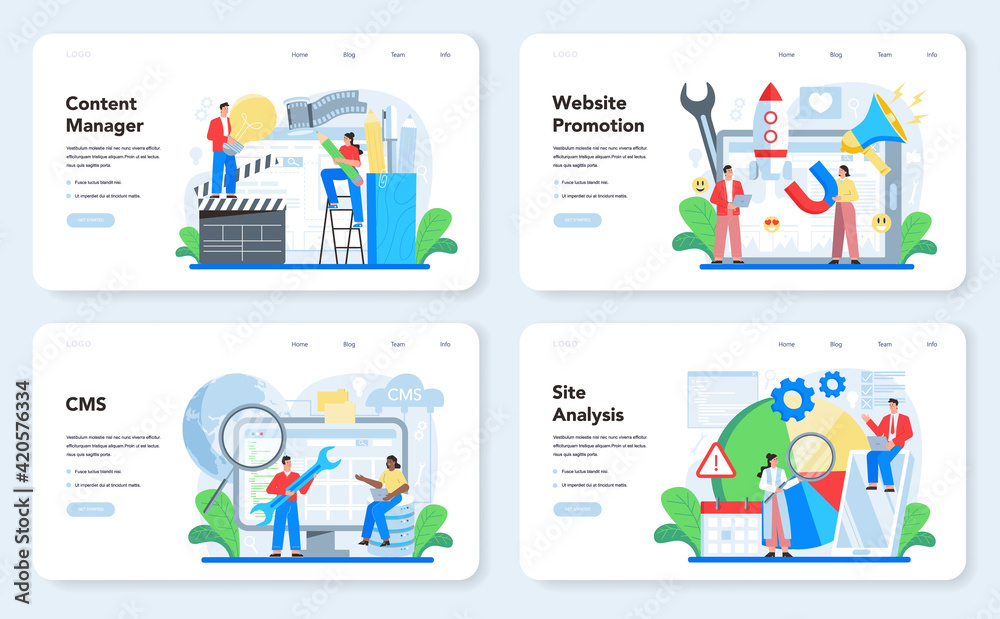 Content management web banner or landing page set. Idea of digital strategy