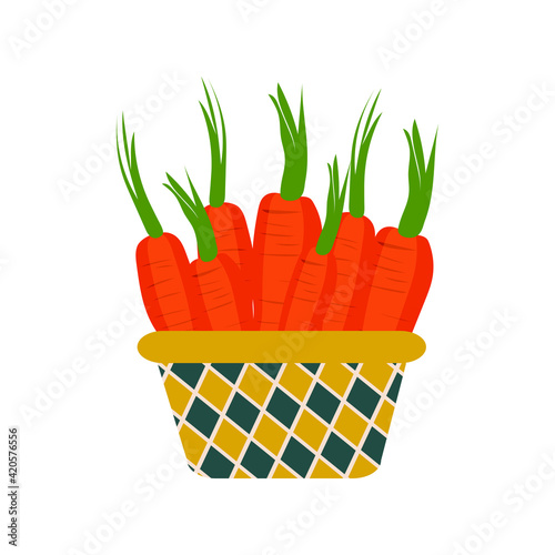Carrots in a beautiful basket isolated on white background. Collect vegetables. Cute illustration for printing on clothes, kitchen textiles, kids decor, interior design. Vector graphics.