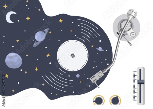 Turntable with vinyl record in the form of space with planets and stars. Stylized symbol. Music is a whole universe of inspiration. Vector illustration.