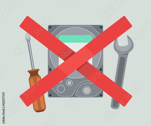 Hard drive with screwdriver and wrench with crossed red lines. Symbol Do not repair. Complex repair designation. Vector illustration.