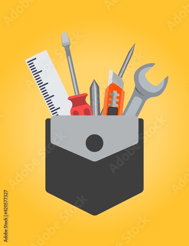 Ruler, screwdriver, pencil, wrench and cutter. Tools in a dark pocket on a yellow background. Vector illustration.