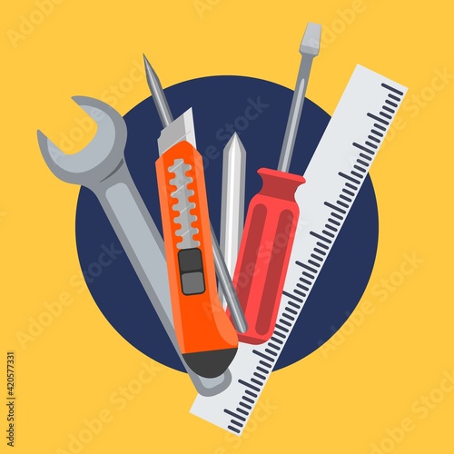 Group of tools on yellow background. Ruler, screwdriver, pencil, wrench and cutter. Vector illustration.