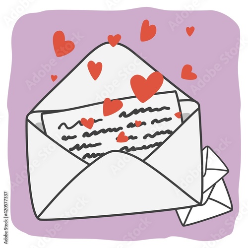 An open envelope with a letter and flying out hearts. Love letter. A symbol of good news. Vector illustration