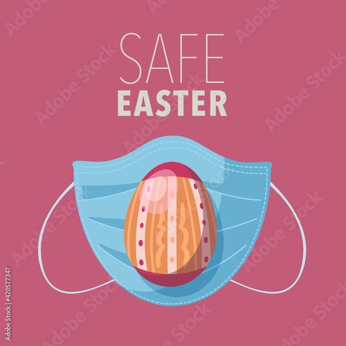 Easter egg on the background of a medical mask with a red background. Safe Easter concept. Vector illustration. 