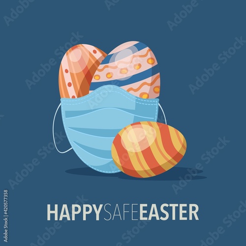 Easter eggs with medical mask on dark blue background. Happy safe easter concept. Vector illustration.