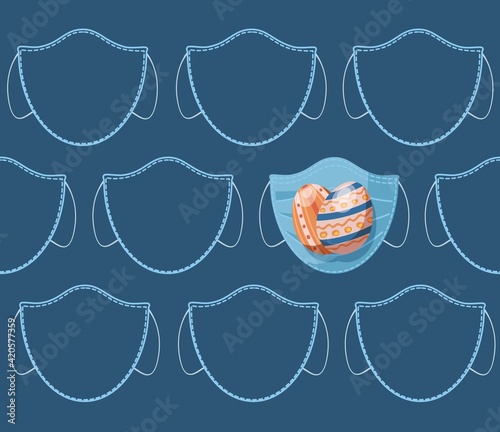 Easter egg with medical mask and сontour pattern of medical masks. Simple seemless pattern on dark blue background. Safe easter concept vector illustration.