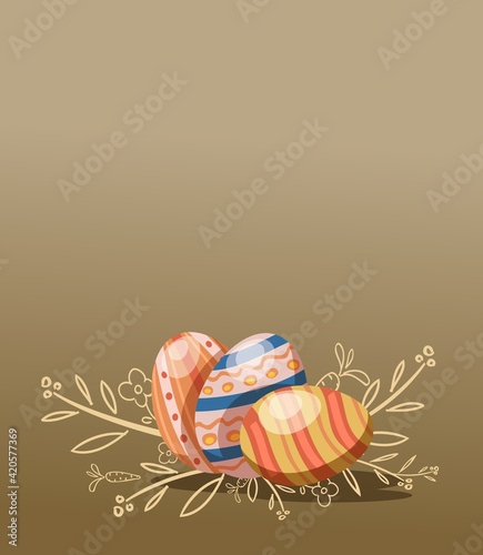 Easter eggs with hand-painted carrot, flower and flowering branch symbols on dark golden background. International spring  holiday postcard. Vector illustration.