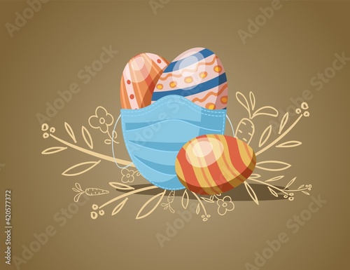 Painted eggs with medical mask and hand-painted carrot, flower and flowering branch symbols on dark golden background. Safe easter. International spring  holiday postcard. Vector illustration.