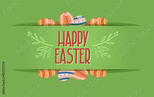 happy easter card with paper cut and painted eggs on green background. vector illustration.