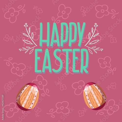 Happy easter text with two colored eggs and white contour twigs on a light crimson background. Easter card vector illustration.