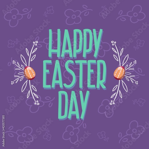 Happy easter day text with two eggs and white contour twigs on a light purple background. Easter card vector illustration.