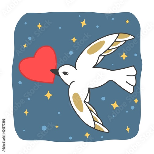 bird with heart in beak on night sky background. vector illustration.
