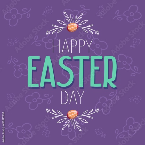 Happy easter day text with eggs and white contour twigs as elements on a light purple background. Flat vector illustration.