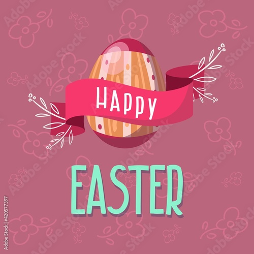 Happy Easter text with painted egg, ribbon and flowering branch. Flat vector illustration.