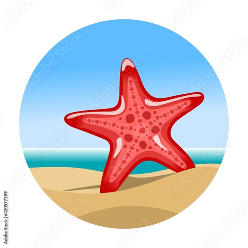 Simple illustration of red sea star in sand on seashore. Flat vector illustration.