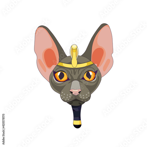 Gray hairless cat with a beard and gold tiara on white isolated background, vector Sphynx cat with Pharaoh diadem in Cartoon style, concept of Ancient Egypt culture and Fashion, Pets and Animals.