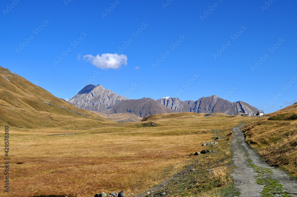 High snowy mountains with dry autumn grass and blue sky in France