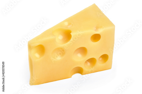 Emmental cheese triangle, Swiss cheese, isolated on white background. High resolution image