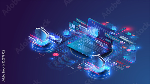 Isometric personal data protection web banner concept. Cyber security and privacy. Network digital technology concept. Security isolated illustration. The future of data security. Vector illustration