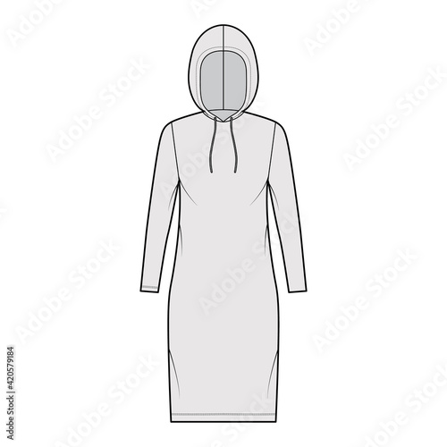 Hoody dress technical fashion illustration with long sleeves, knee length, oversized body, Pencil fullness. Flat sweater apparel template front, grey color style. Women, men, unisex CAD mockup