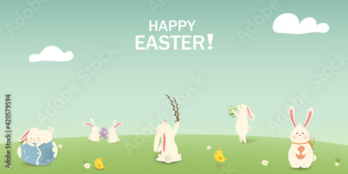 Happy Easter. Easter Rabbit Bunny with eggs, grass, flowers in field. Cute cartoon rabbit character with chicken, Paschal egg. Design template for Banner, flyer, invitation, greeting card, poster.