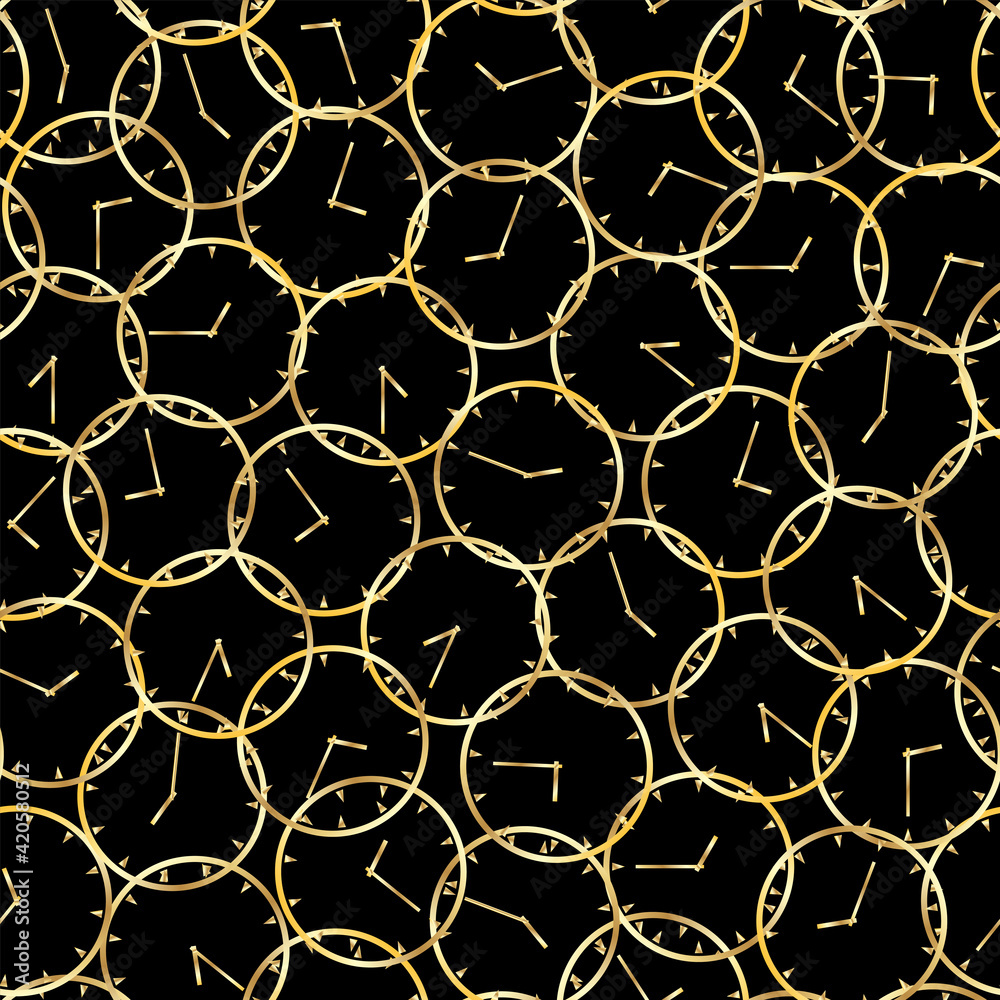 Seamless pattern with gold watches on a black background. Seamless pattern with gold watches on a black background.