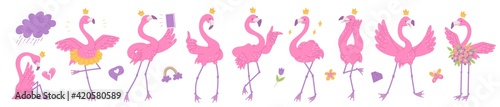 Cute pink flamingos princesses with crown on the head and different emotions. African bird characters cartoon flat illustration isolated on white background.