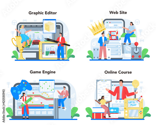 Video game development online service or platform set. Creative process