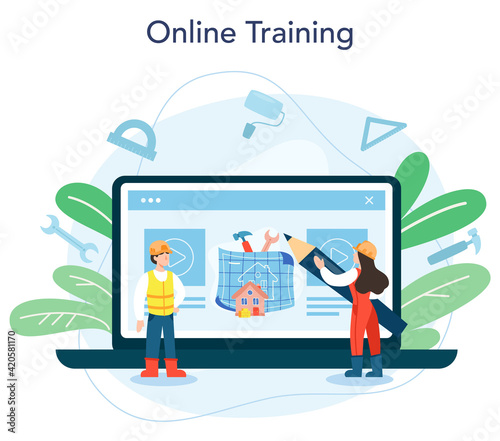 House building online service or platform. Workers constructing home