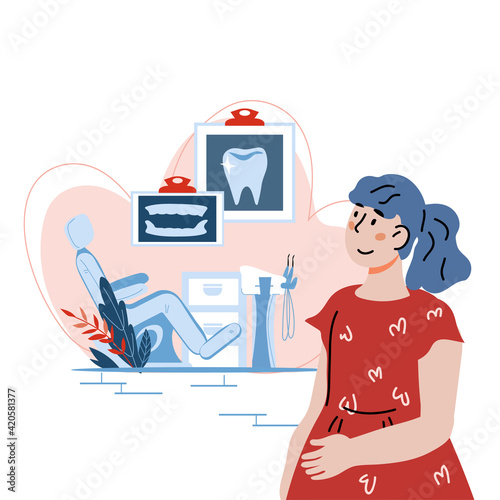 Cute child girl going to visit dentist, flat cartoon vector illustration isolated on white background. Children dentistry and pediatric oral care.