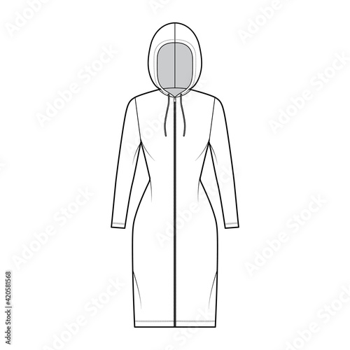 Zip-up Hoody dress technical fashion illustration with long sleeves, knee length, fitted body, Pencil fullness. Flat apparel template front, white color style. Women, men, unisex CAD mockup