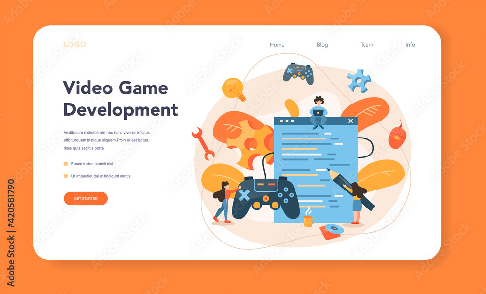 Game development web banner or landing page. Creative process Game development web banner or landing page. Creative process