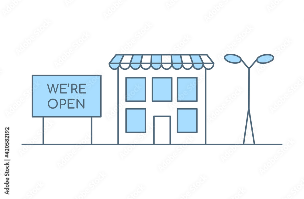 Building with sign we are open and street light vector flat line illustration isolated on white background. Shop or store opening icon for mobile application or website design. Building with sign we are open and street light vector flat line illustration isolated on white background. Shop or store opening icon for mobile application or website design.