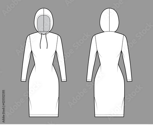 Hoody dress technical fashion illustration with long sleeves, knee length, fitted body, Pencil fullness. Flat apparel sweater template front, back, white color style. Women, men, unisex CAD mockup