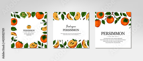Set of hand drawn colorful persimmon design. Vector illustration in colored sketch style.