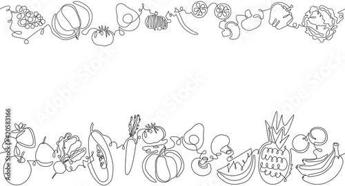 Two top and bottom Seamless Patterns with Fruits, Vegetables and empty space for text. Vector Background. One line art Style. Frame with organic food. Can be also yused like Banner, Flyer, Texture