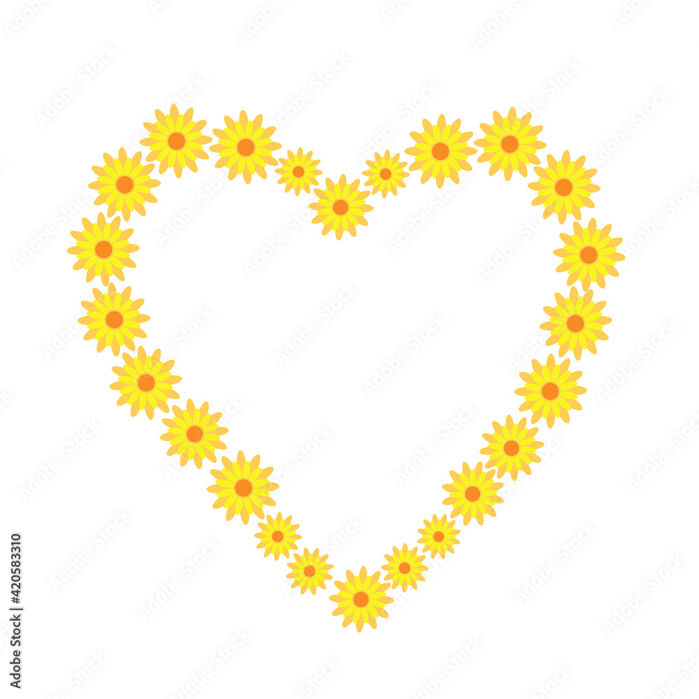 Yellow cute fancy flower heart arrangement vector illustration in simple flat style, floral composition for joyful summer design for children, greeting cards, home decor