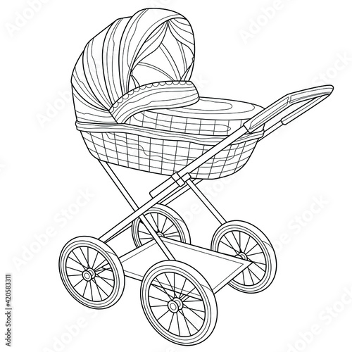 Stroller.Coloring book antistress for children and adults. Illustration isolated on white background.Zen-tangle style. Hand draw