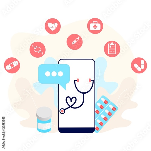 Online tele medicine flat illustration concept. Online medical consultation and treatment via application of smartphone connected internet clinic. Online ask doctor consultation in 3D mobile vector.